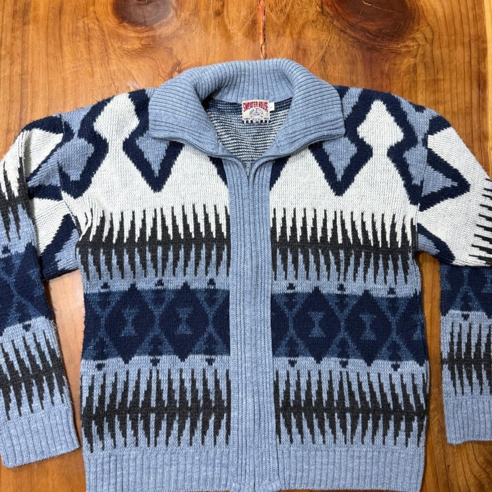 Vintage 70s Sweater House Mens Sweater L Acrylic Cardigan Zip Aztec Western M3-1 - Picture 2 of 6